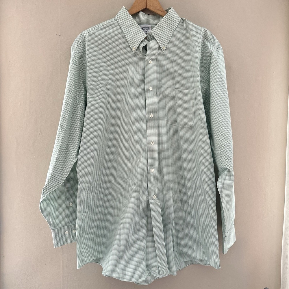 Brooks Brothers Mens Regent Button Down Shirt Size 17 1/2 XL Green Plaid Preppy